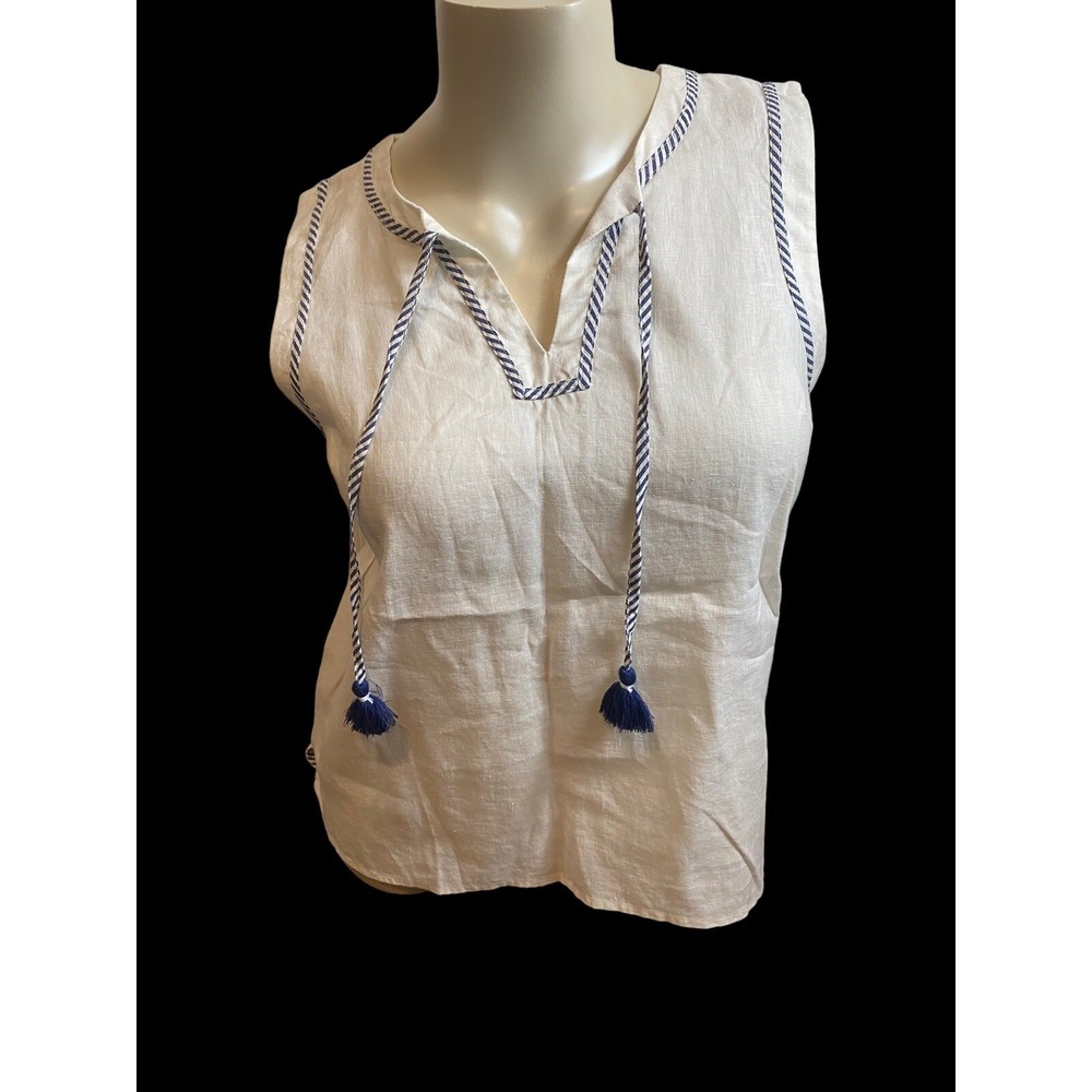 Crown & Ivy Linen Top XL White Peasant Tassels Beach sleeveless petite shirt